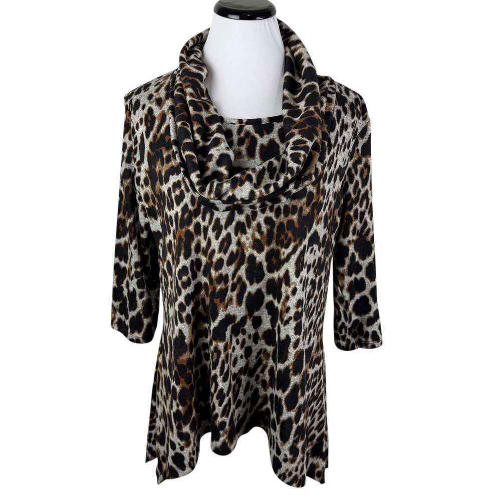 New Directions Women's XL Leopard Print Cowl Neck 3/4 Sleeve‎ Tunic Top